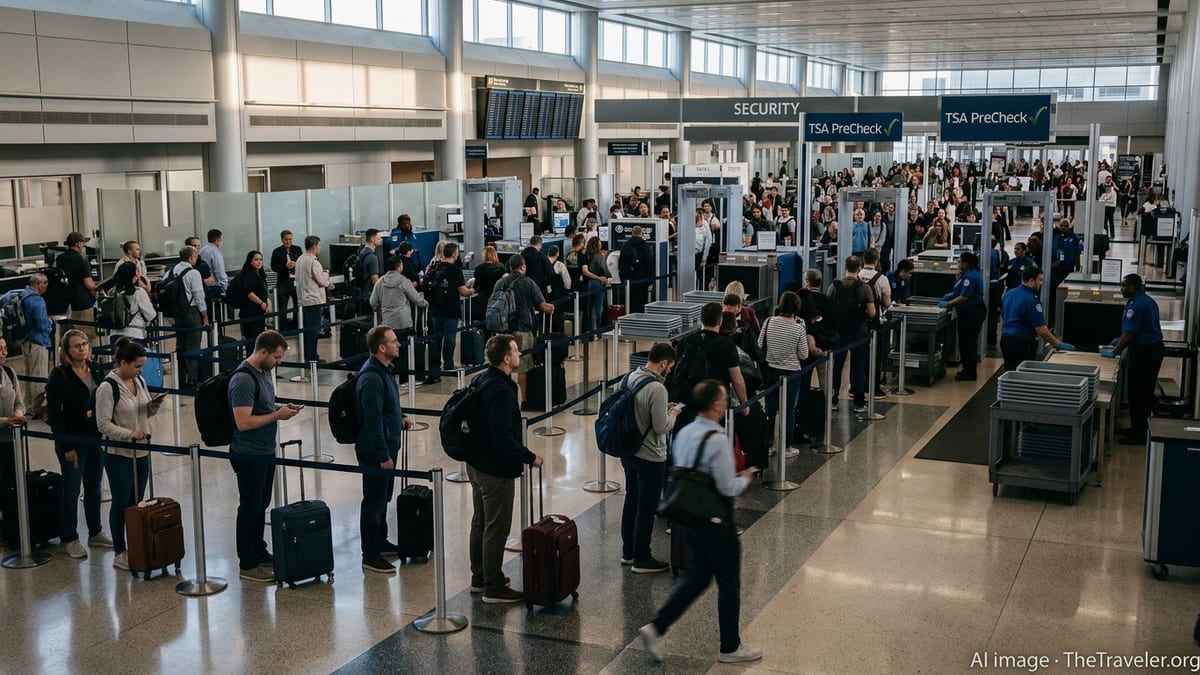 Crowded TSA security checkpoint with long lines of travelers at a major U.S. airport.