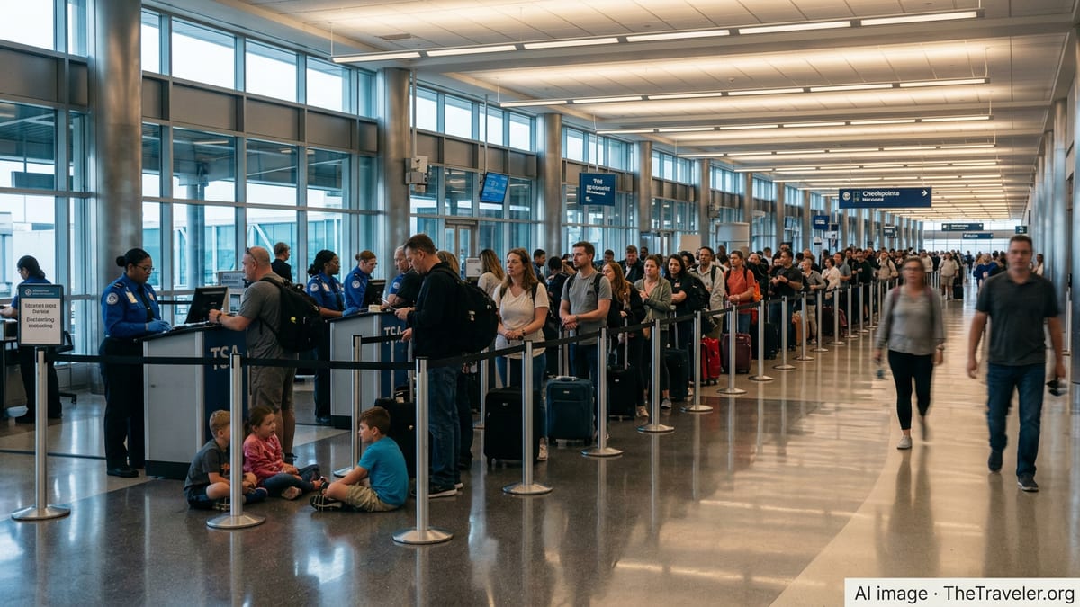 Long TSA security line at a busy U.S. airport during a government shutdown.