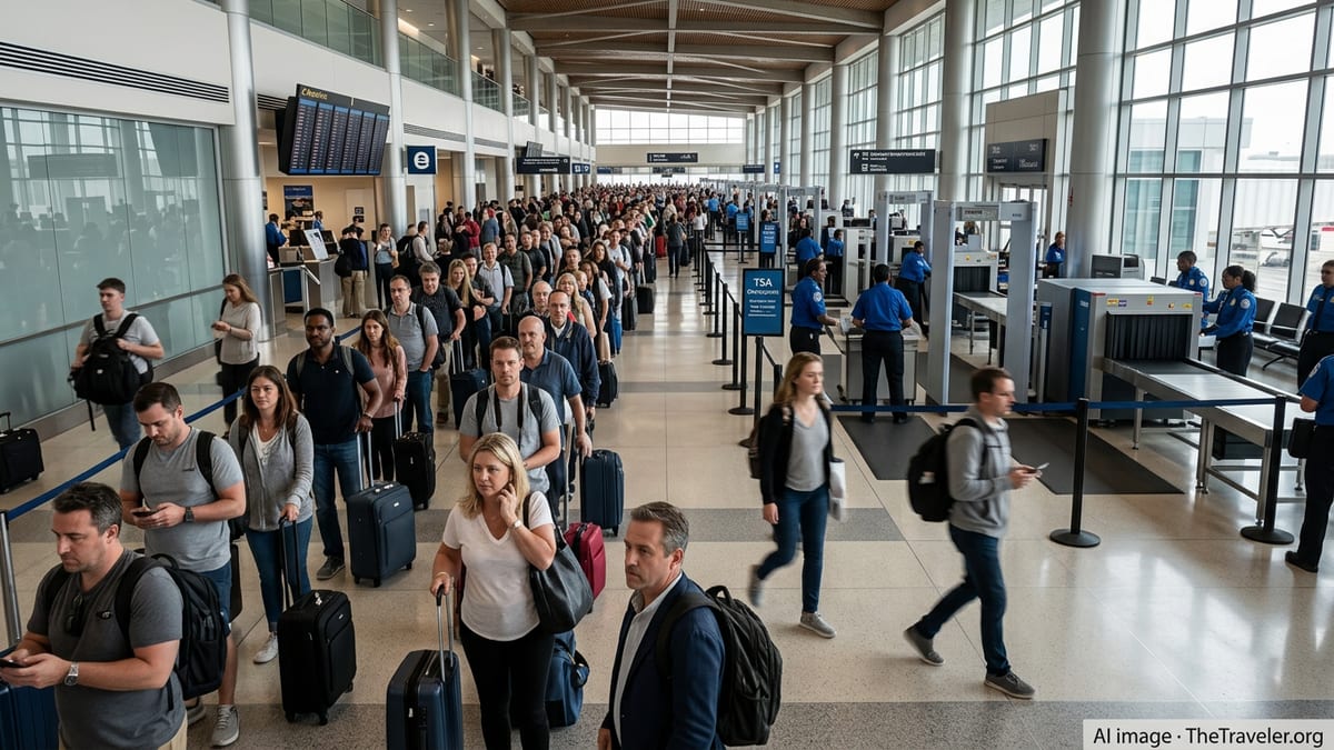 Long TSA security line in a crowded U.S. airport terminal during a government shutdown.