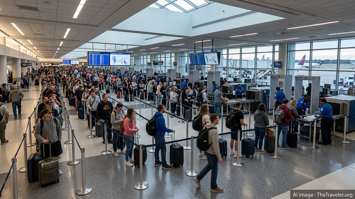 Crowded TSA security checkpoint with long lines of travelers at a busy US airport.