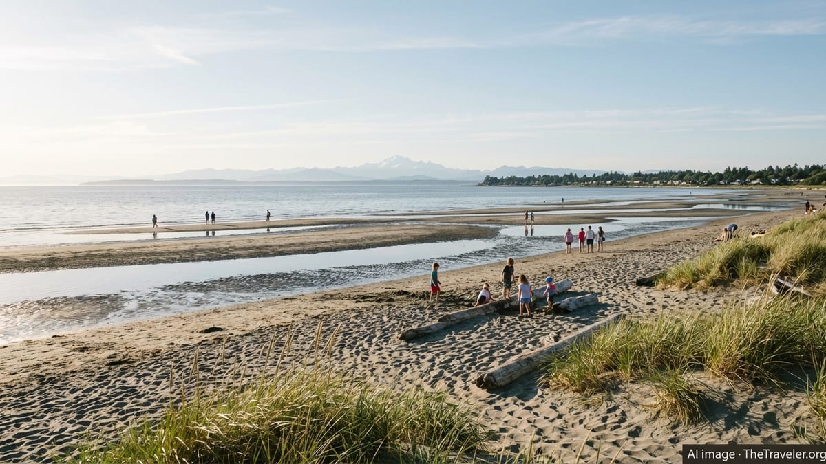 Wide view of Centennial Beach in Tsawwassen at low tide with sand flats, shallow pools and distant mountains.