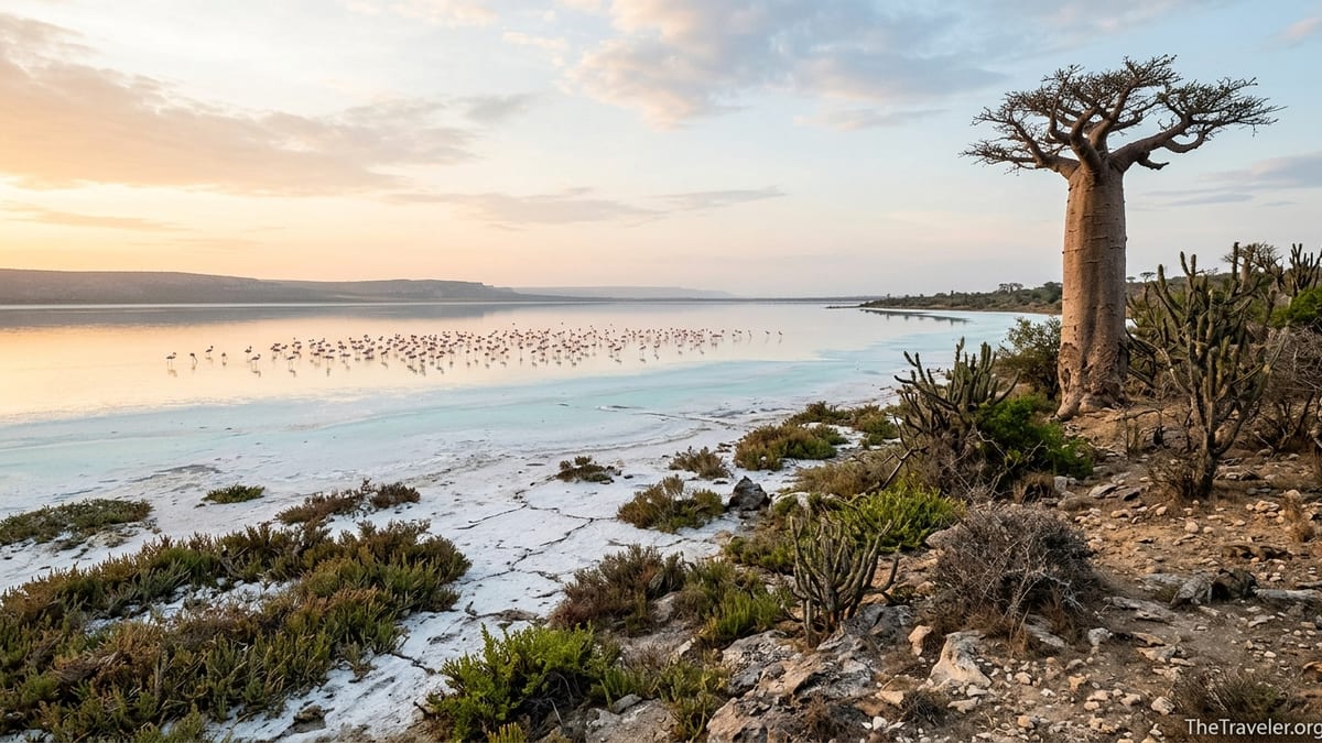 Flamingos feeding on the salt lake at Tsimanampetsotsa with baobab and spiny desert at sunrise.