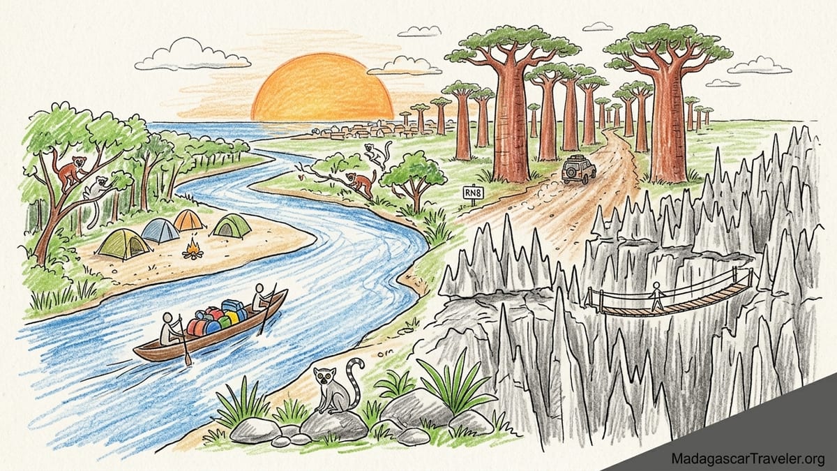 Traditional pirogue with travelers on the Tsiribihina River in western Madagascar at sunset.