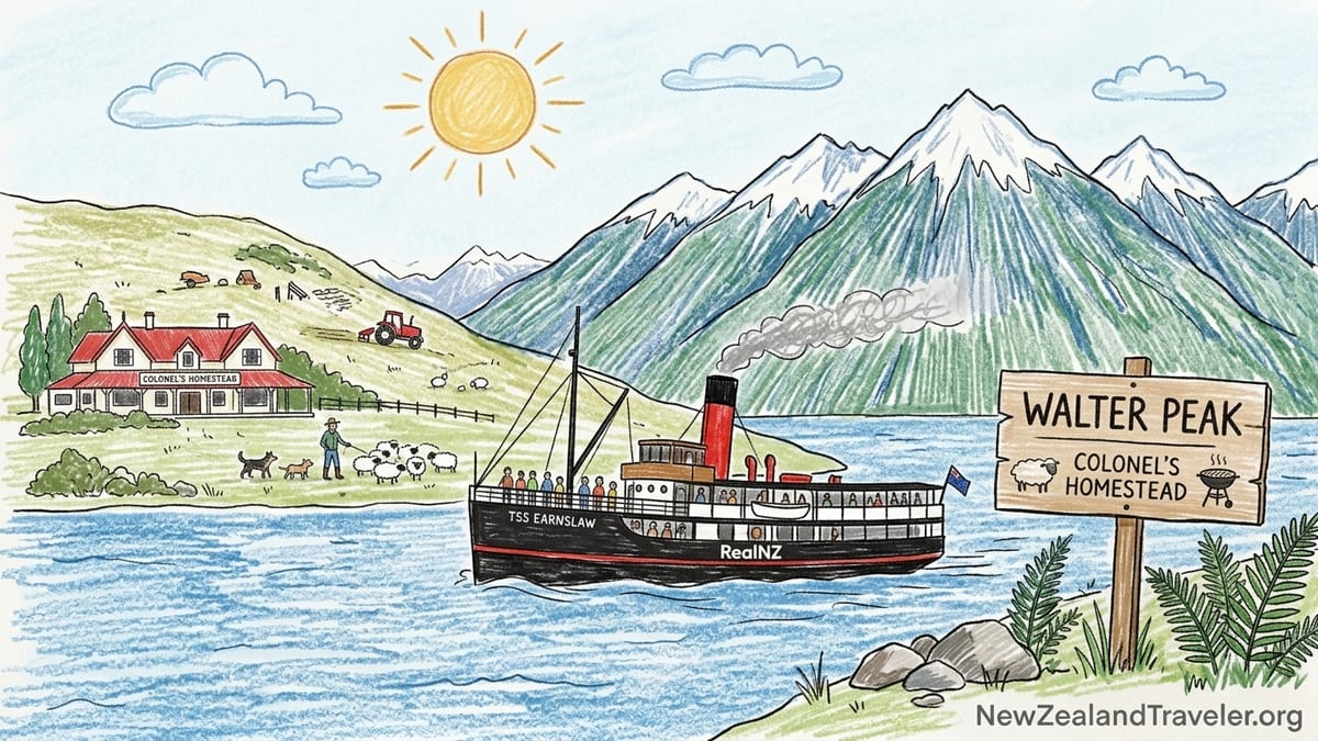 Passengers on the TSS Earnslaw steamship deck crossing Lake Wakatipu toward Queenstown’s mountains in soft autumn light.