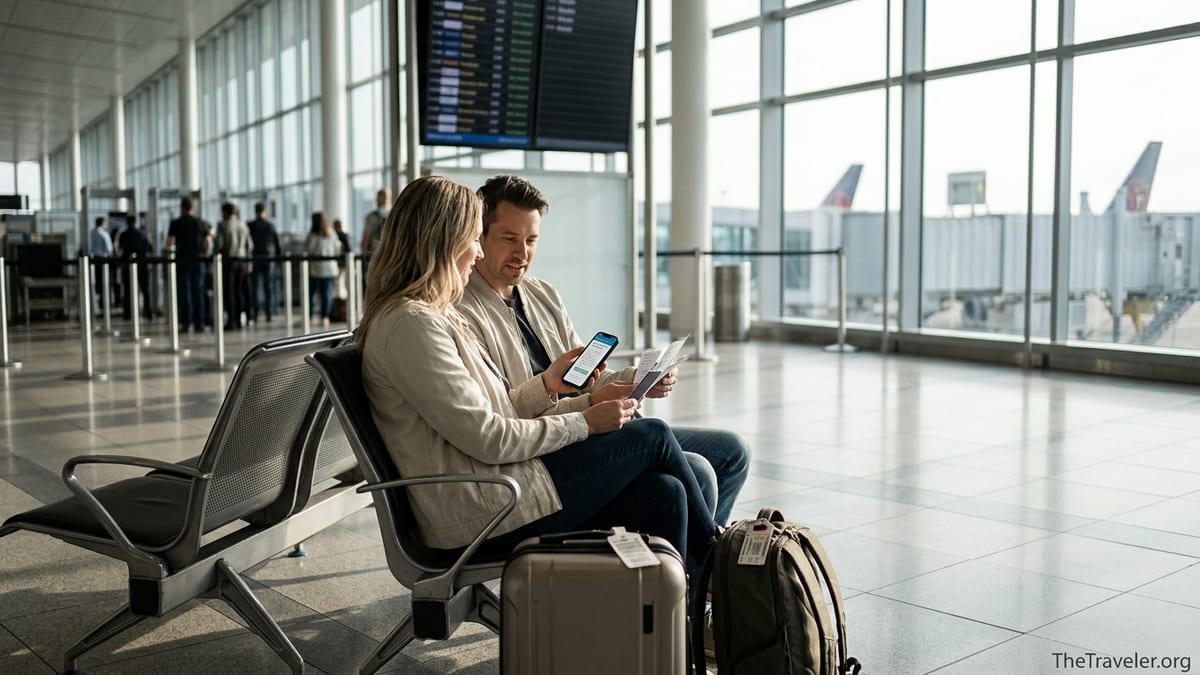 Canadian couple at an airport reviewing travel insurance documents before flying