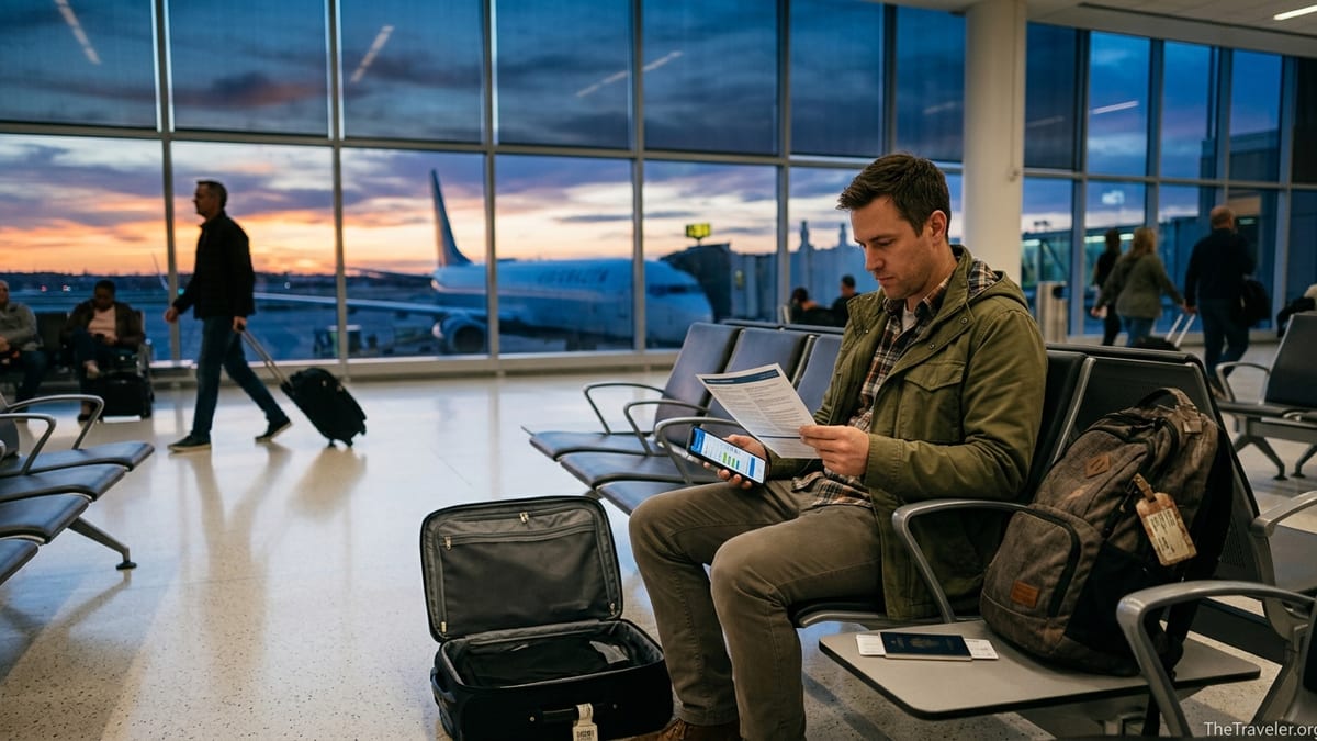 Traveler in an airport lounge comparing travel insurance documents at dusk.