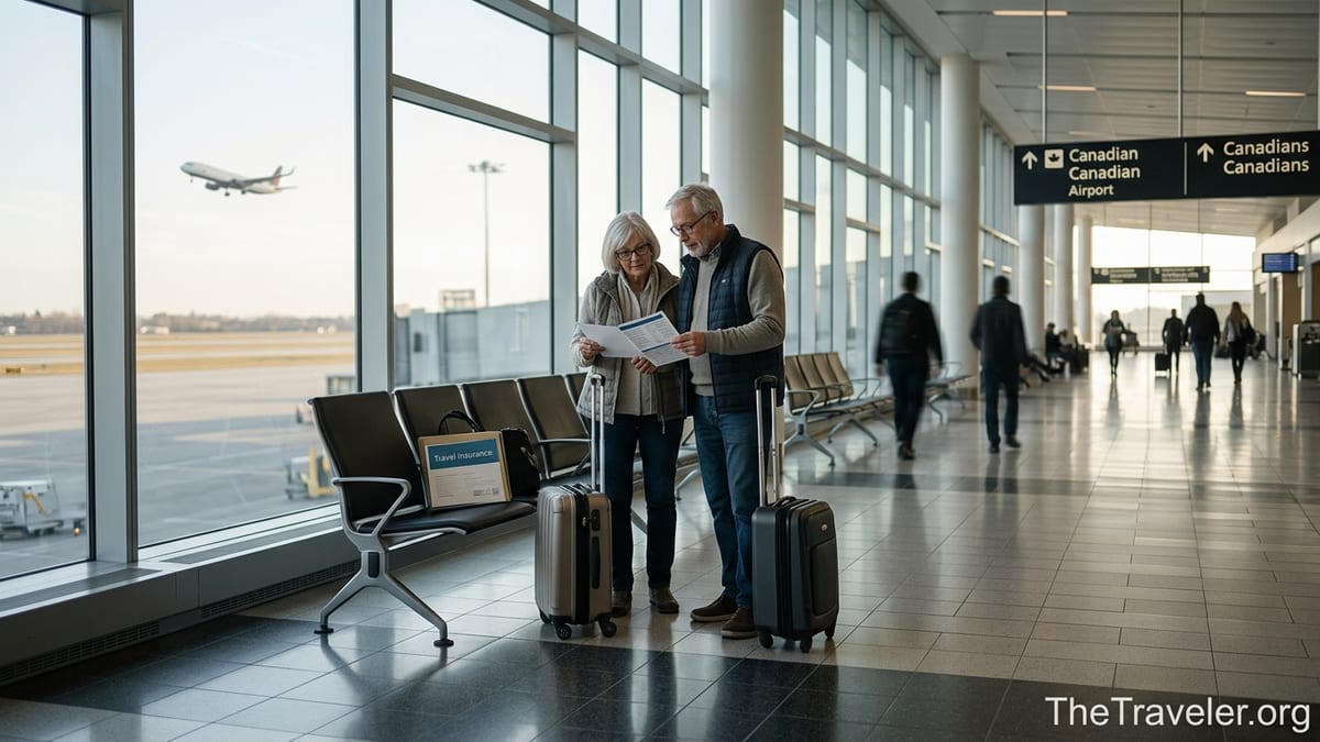 Older Canadian couple reviewing travel insurance documents in a bright airport terminal.