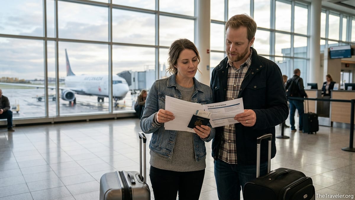 Couple at an airport check-in counter reviewing travel insurance documents.
