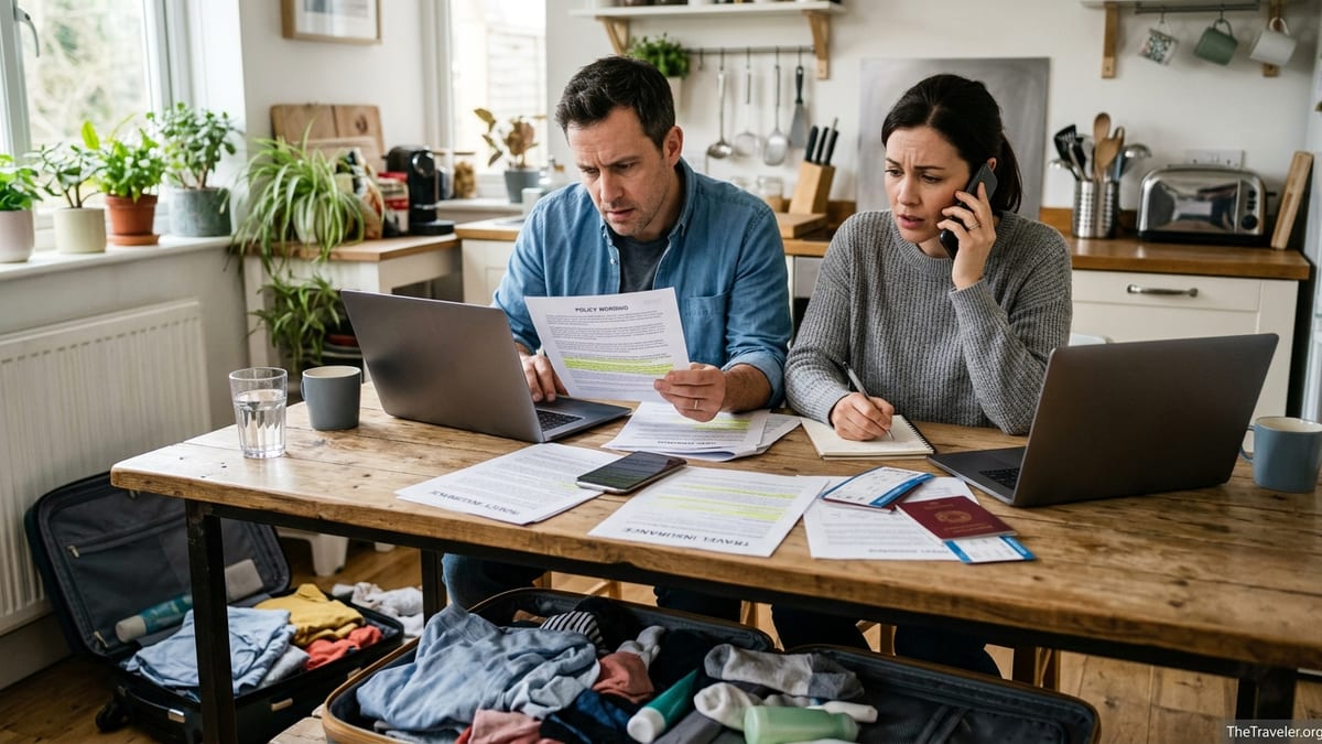 Couple reviewing complicated travel insurance documents at a kitchen table before a trip.