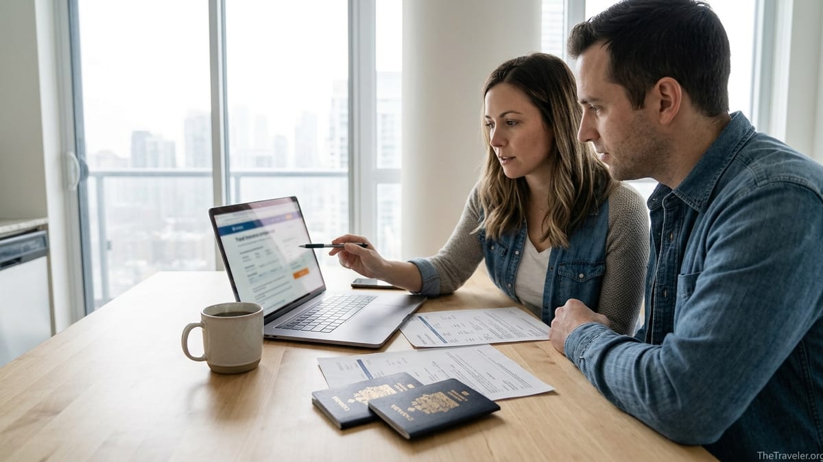 Canadian couple comparing travel insurance options at a kitchen table with passports and laptop.