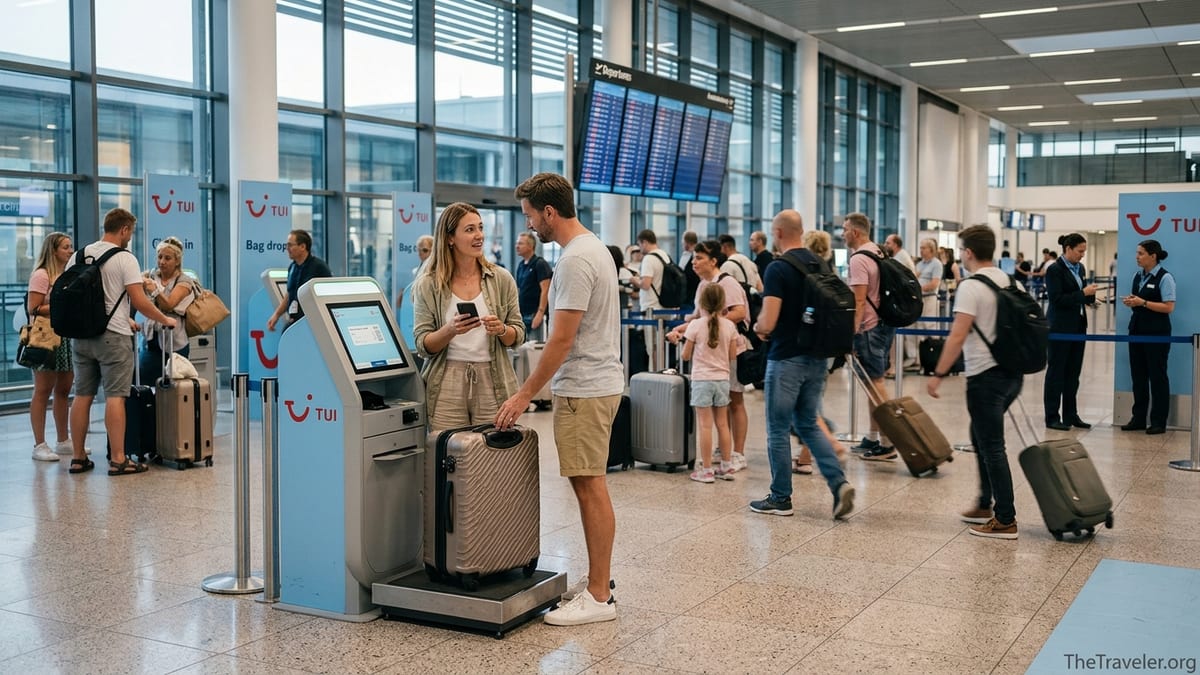 Travellers using a TUI self-service bag drop kiosk in a busy modern airport hall.