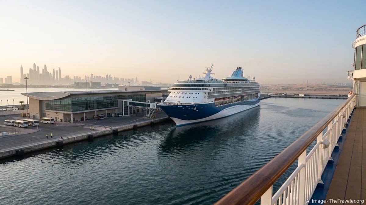 Quiet cruise terminal in the Gulf with a single cruise ship docked under a hazy sunrise.