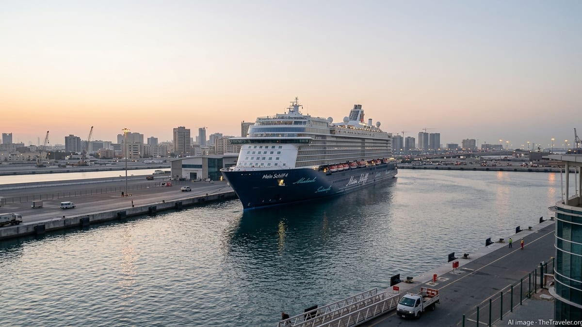 Mein Schiff 4 sits idle at an Arabian Gulf cruise terminal at dusk amid a regional security crisis.