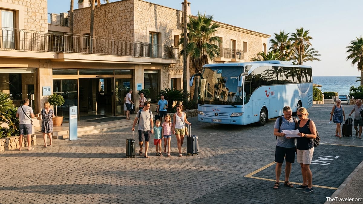 Travellers with suitcases arriving at a Mediterranean hotel next to a TUI-branded coach.