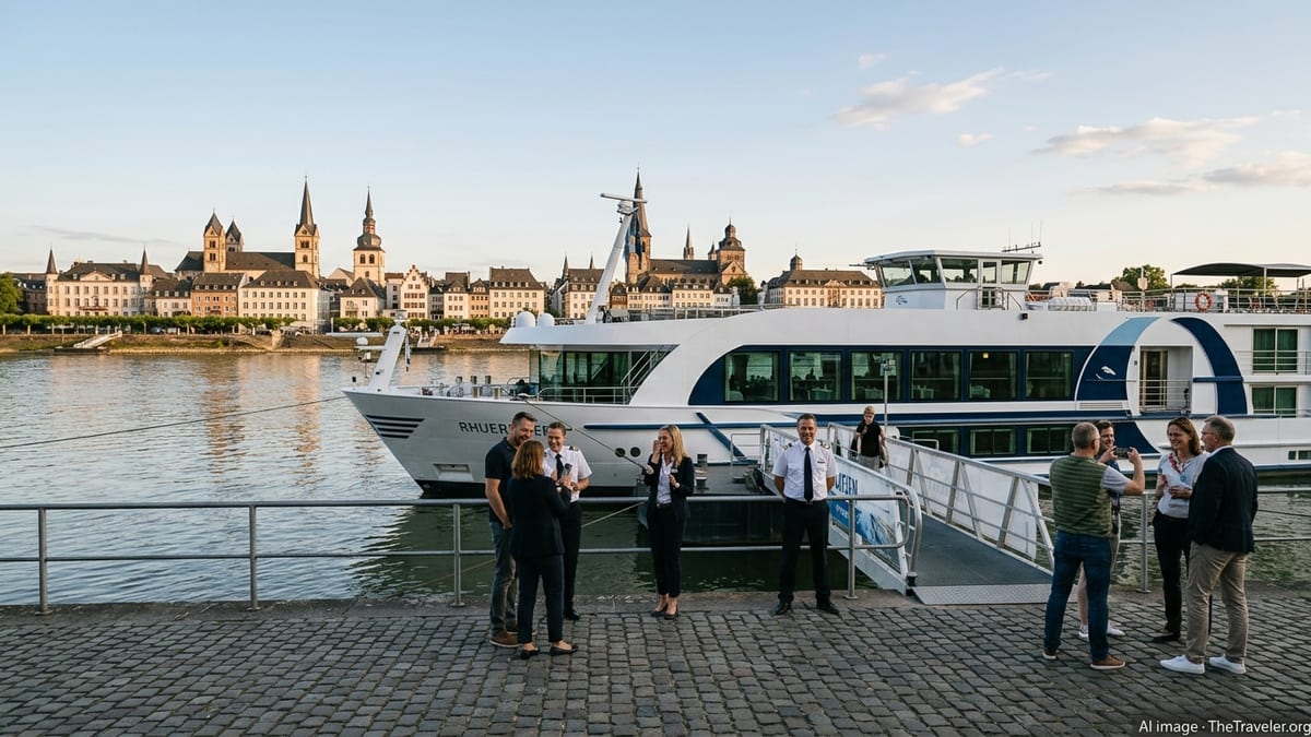 TUI river cruise ship on the Rhine with crew and travel staff gathered by the gangway at sunset.