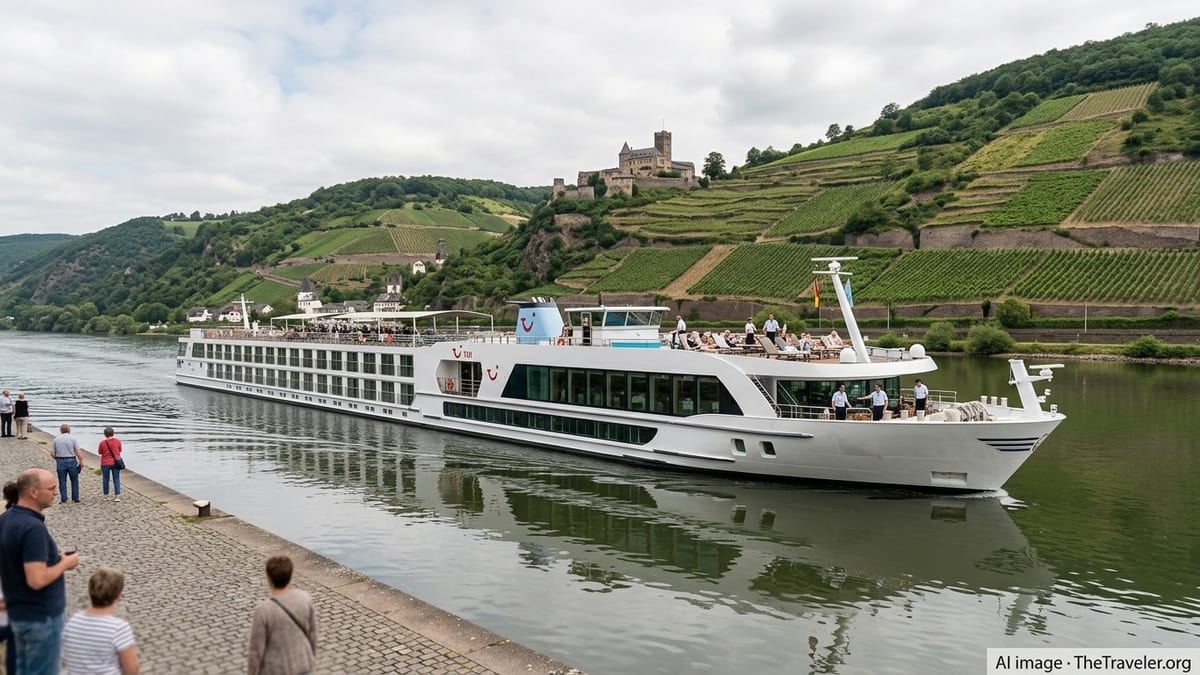 Modern TUI river cruise ship sailing the Rhine past vineyards and a hilltop castle.