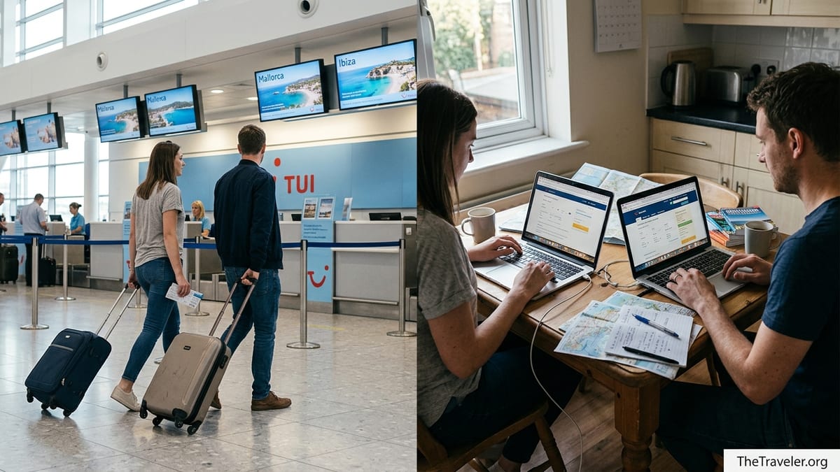 Travellers choosing between a TUI airport check-in and DIY trip planning at home.