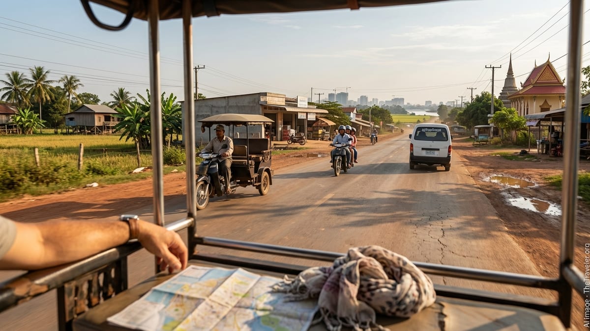 Traveler's view from a tuk tuk leaving Phnom Penh towards the Cambodian countryside.