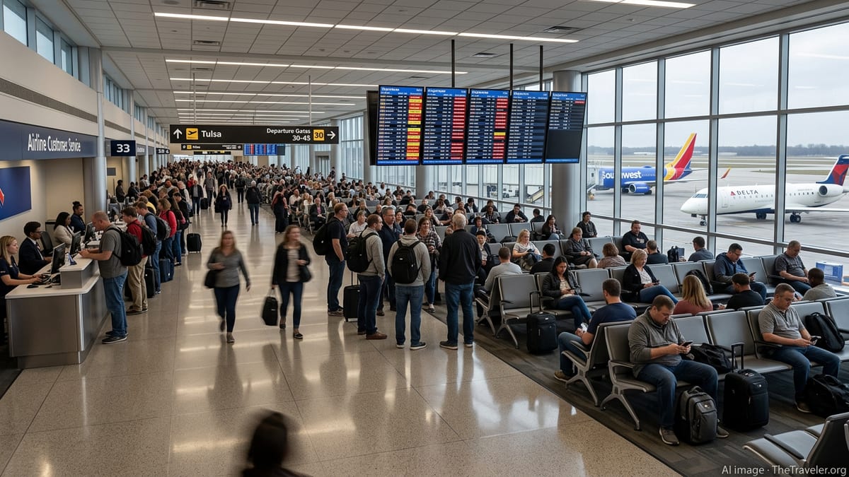 Travelers at Tulsa International Airport check departure boards showing delays and cancellations.