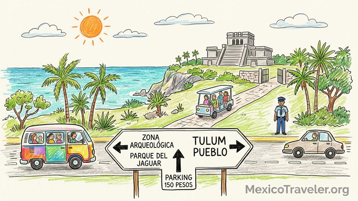 Morning view of El Castillo at Tulum ruins on a cliff above the Caribbean with visitors on a coastal path.