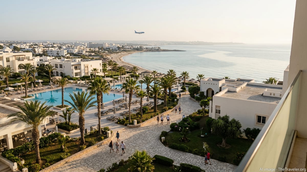 Sunrise over a Tunisian beachfront resort with pools, palms and Mediterranean shoreline.