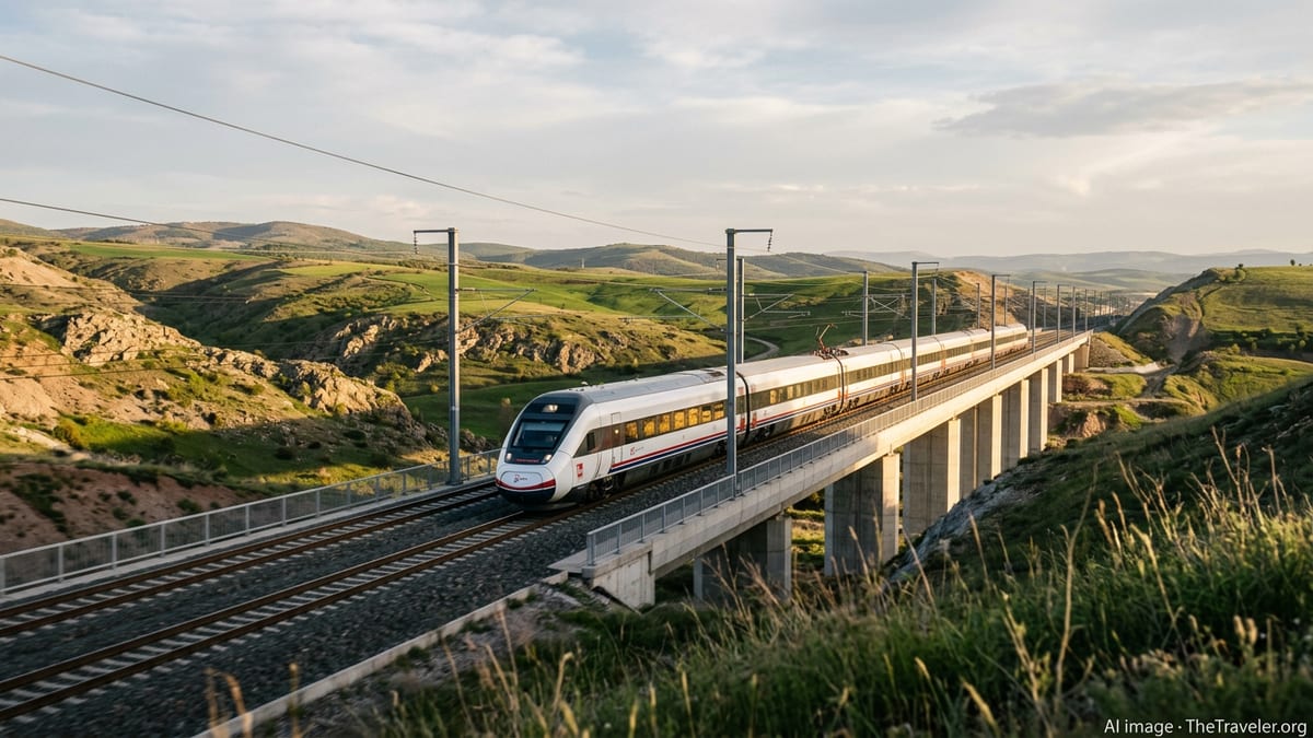 Turkey’s new 225 km/h high-speed train on an elevated track across the Anatolian countryside.