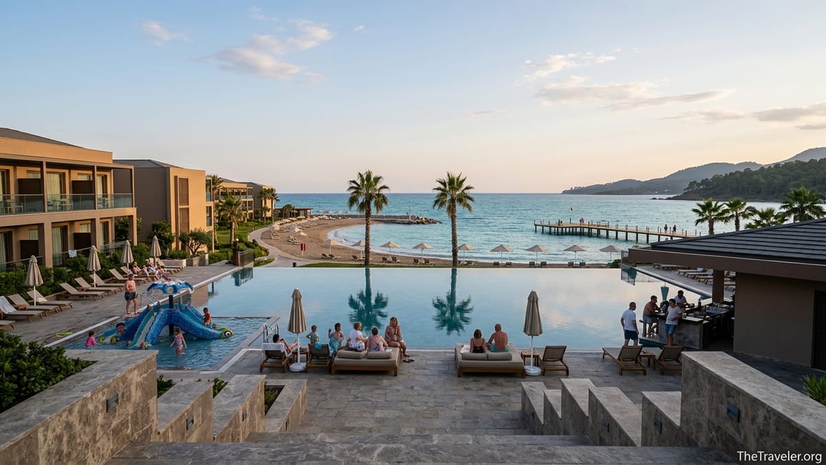 Sunrise over a sandy beach at a Turkish all-inclusive resort with pier and loungers.