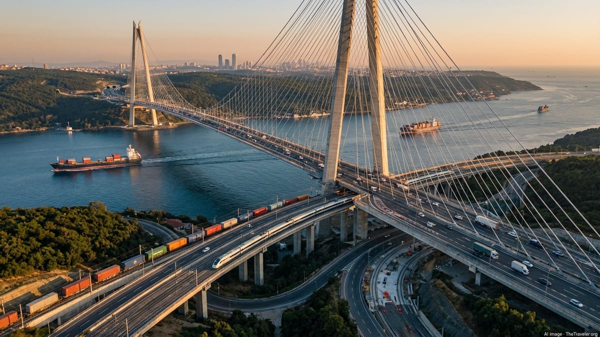 Aerial view of Yavuz Sultan Selim Bridge with trains and ships linking Europe and Asia.