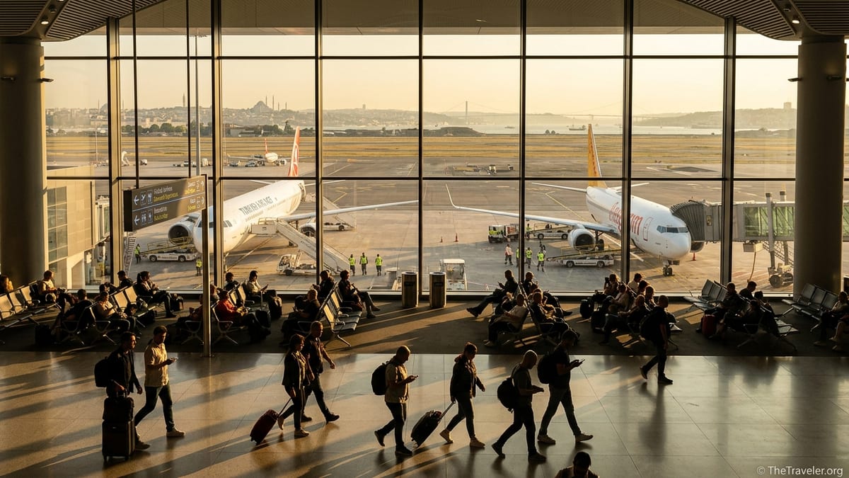 Travelers at Istanbul Airport domestic terminal looking at flights to Nevsehir, Antalya and Izmir.
