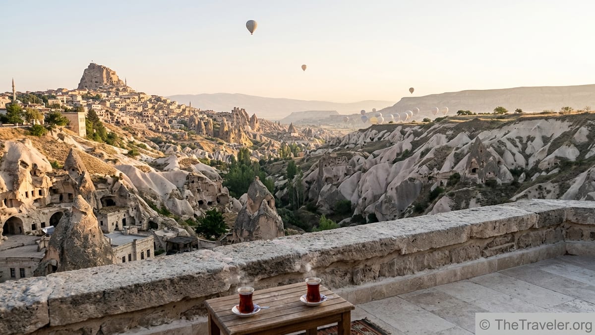 Sunrise view over Cappadocia valley with hot air balloons and rock formations.