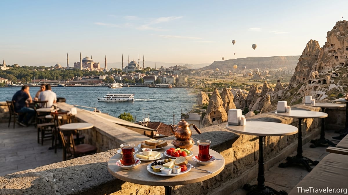Panoramic view of Istanbul’s mosques and Bosphorus with distant Cappadocia-style rock formations and balloons at golden hour.