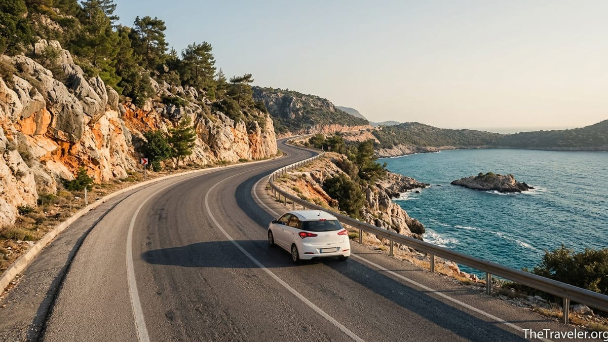 Curving coastal road above turquoise sea on the Turkish Riviera near Kaş with a single car driving.
