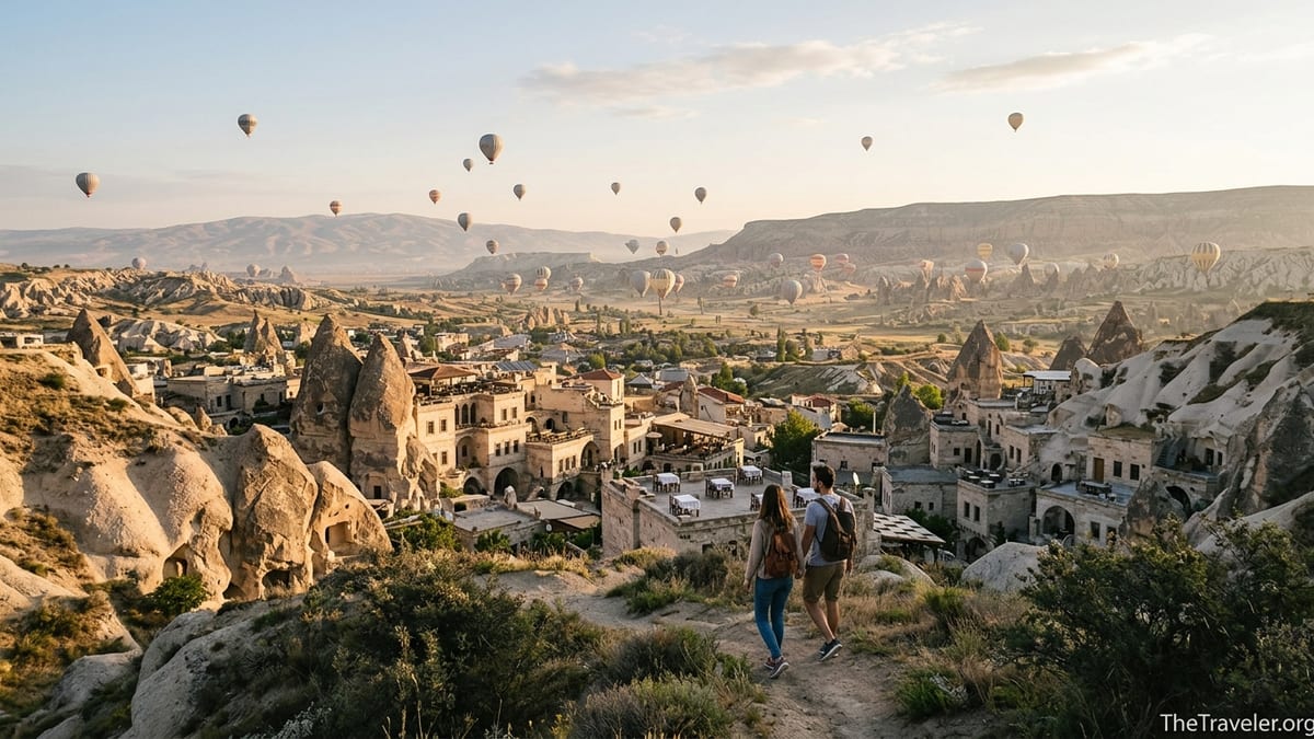 Sunrise balloons over Cappadocia fairy chimneys with travelers watching from a hillside path.