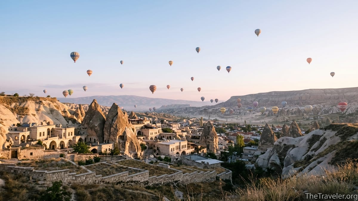 Sunrise hot air balloons over Cappadocia fairy chimneys near Göreme, Turkey