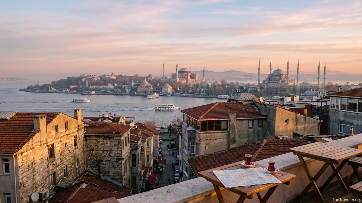 Sunrise rooftop view over Istanbul’s domes and Bosphorus with tea glasses on a terrace table.