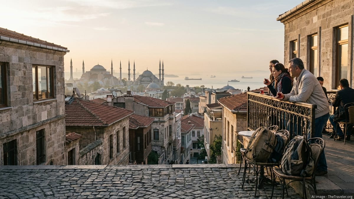 Rooftop sunrise over Istanbul with domes, minarets and travelers sipping tea.
