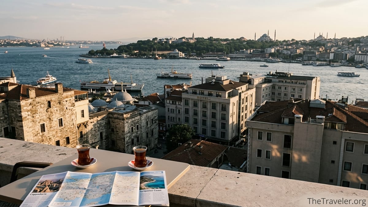 Istanbul Bosphorus view at sunset with ferries, mosques and city hotels seen from a rooftop terrace.