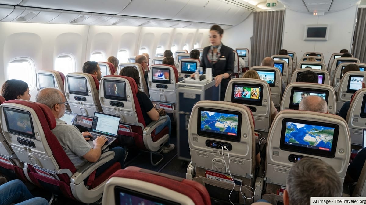 Passengers on a Turkish Airlines flight watching seatback entertainment on a daytime flight.