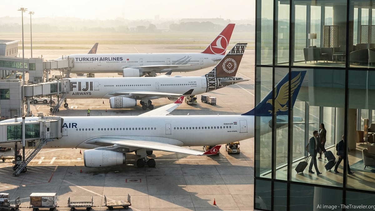 Turkish Airlines, Fiji Airways and Gulf Air jets parked side by side at sunrise at a busy international airport.