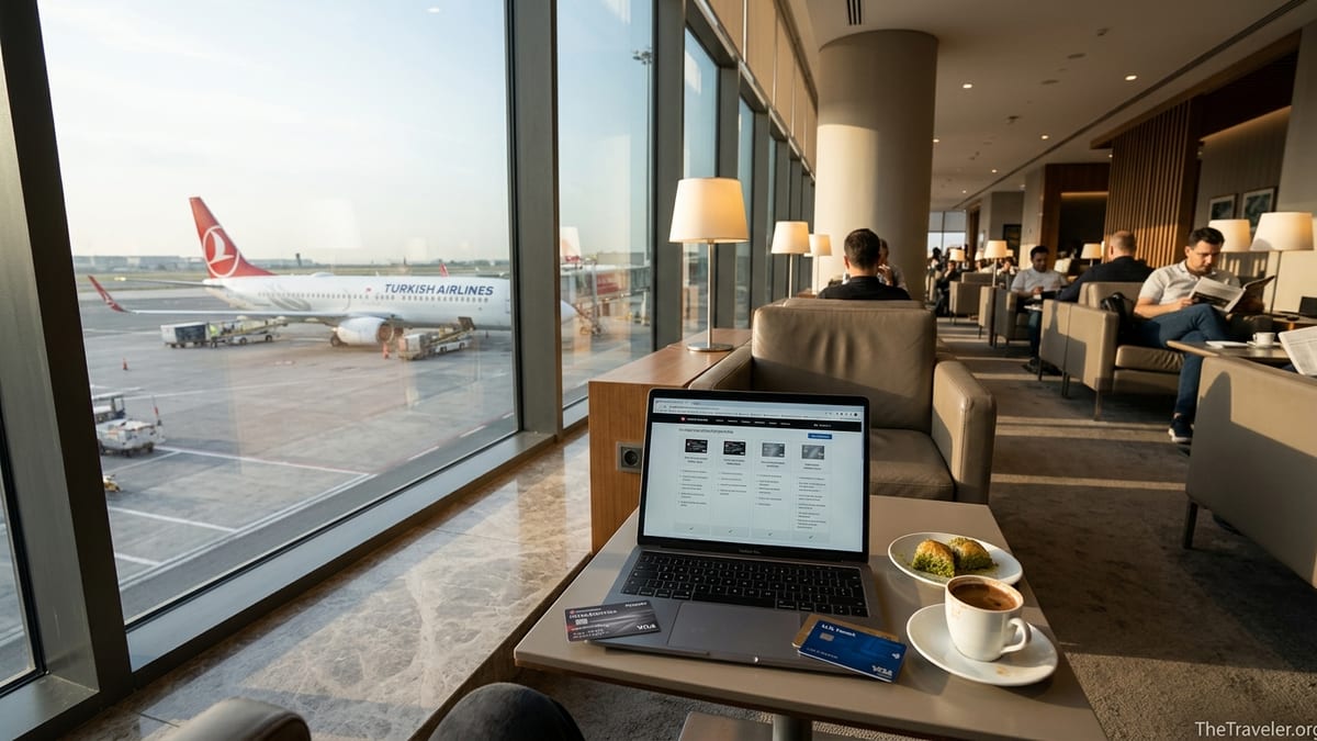 Traveler comparing Turkish Airlines Miles&Smiles Premier Visa benefits in an Istanbul Airport lounge.