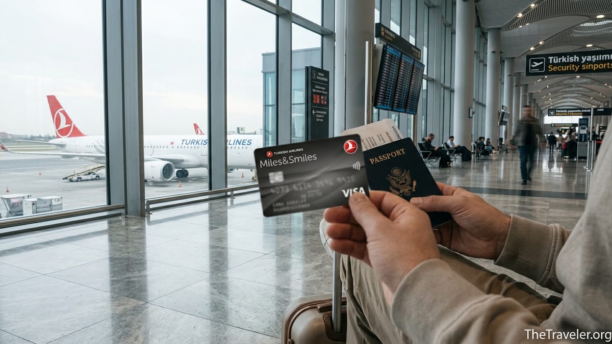 Traveler holding a Turkish Airlines Miles&Smiles Premier Visa at Istanbul Airport departures hall.