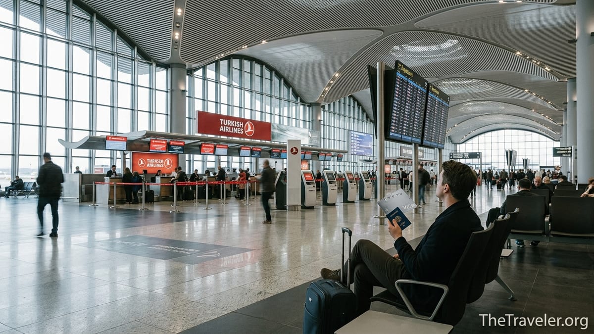 Traveler holding a credit card and passport in Istanbul Airport near Turkish Airlines check-in.