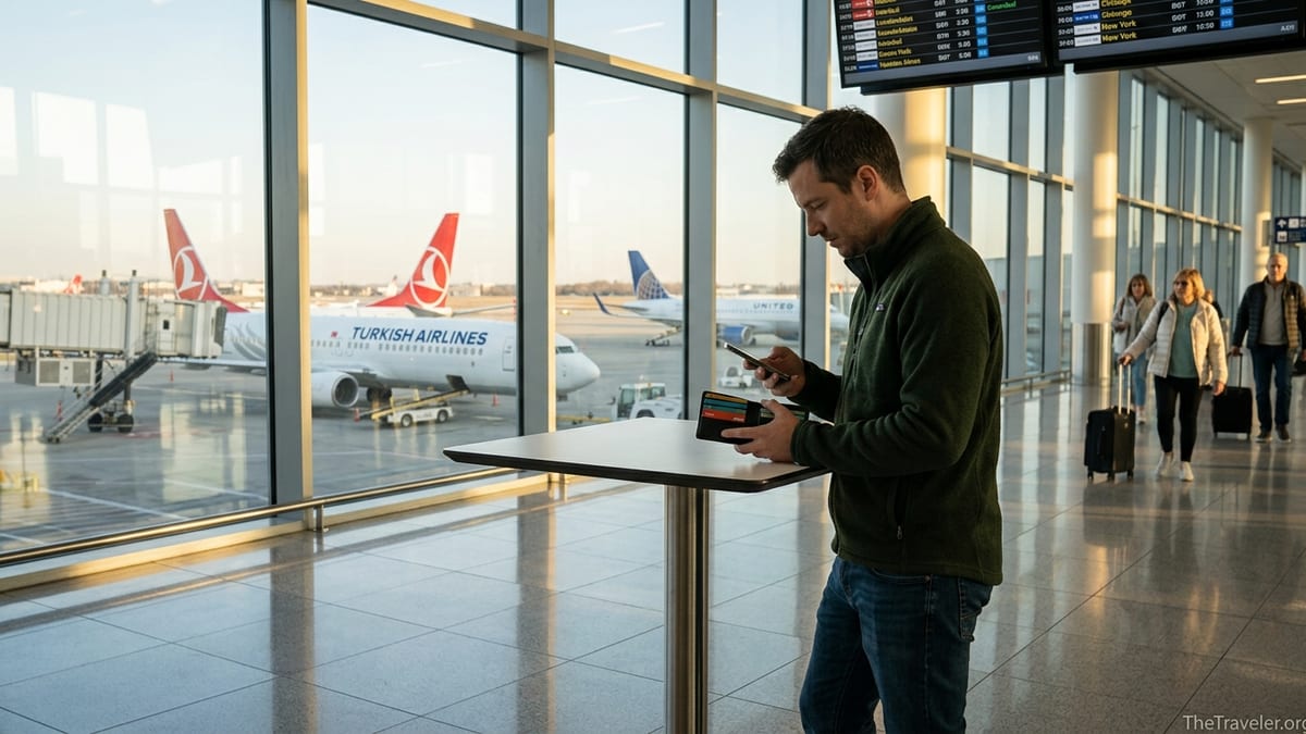 Traveler in an airport terminal comparing airline credit cards with a Turkish Airlines jet outside.