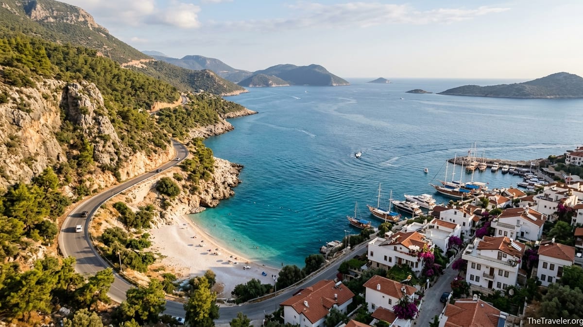 Aerial view of a Turkish Riviera coastal town with cliffs, turquoise sea and harbor.