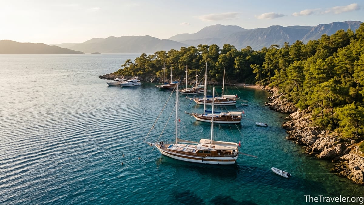 Aerial view of gulets and yachts anchored in a turquoise bay on the Turkish Riviera.