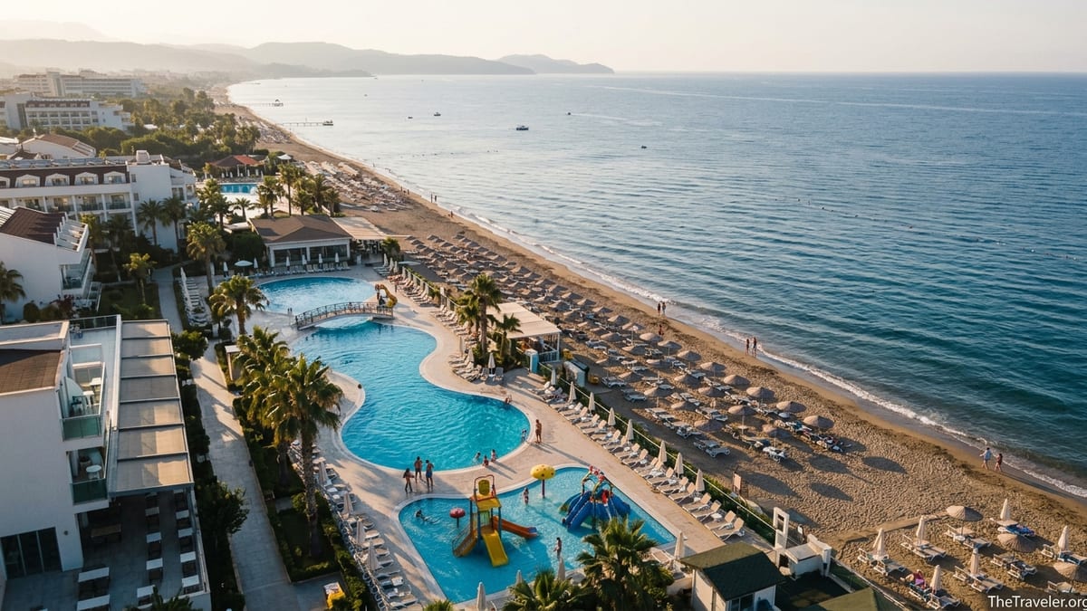Aerial view of a family friendly Turkish Riviera beach resort with pools and kids’ areas.