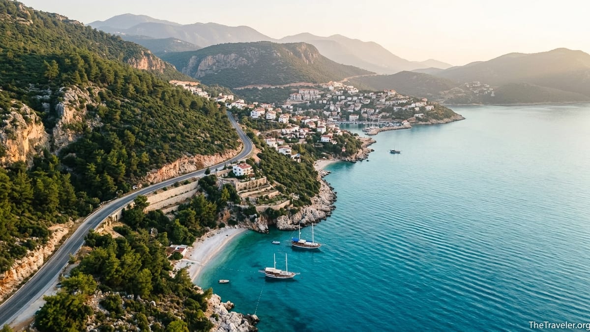 Aerial view of the Turkish Riviera coast with a winding road, cliffs and turquoise bays.
