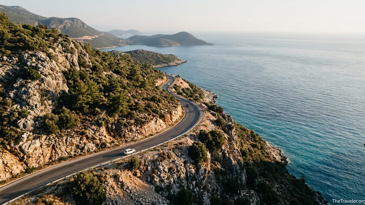Aerial view of the D400 coastal road curving above turquoise sea between cliffs on the Turkish Riviera.