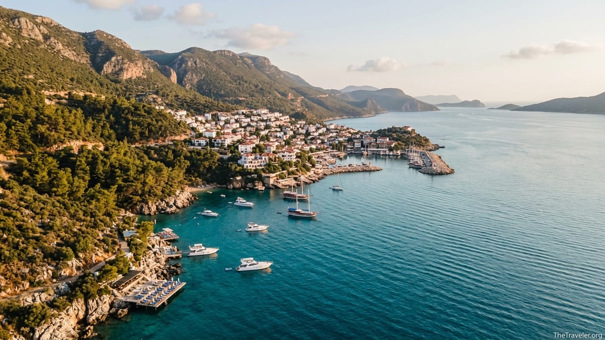 Aerial view of a Turkish Riviera coastal town and turquoise bays at sunset.