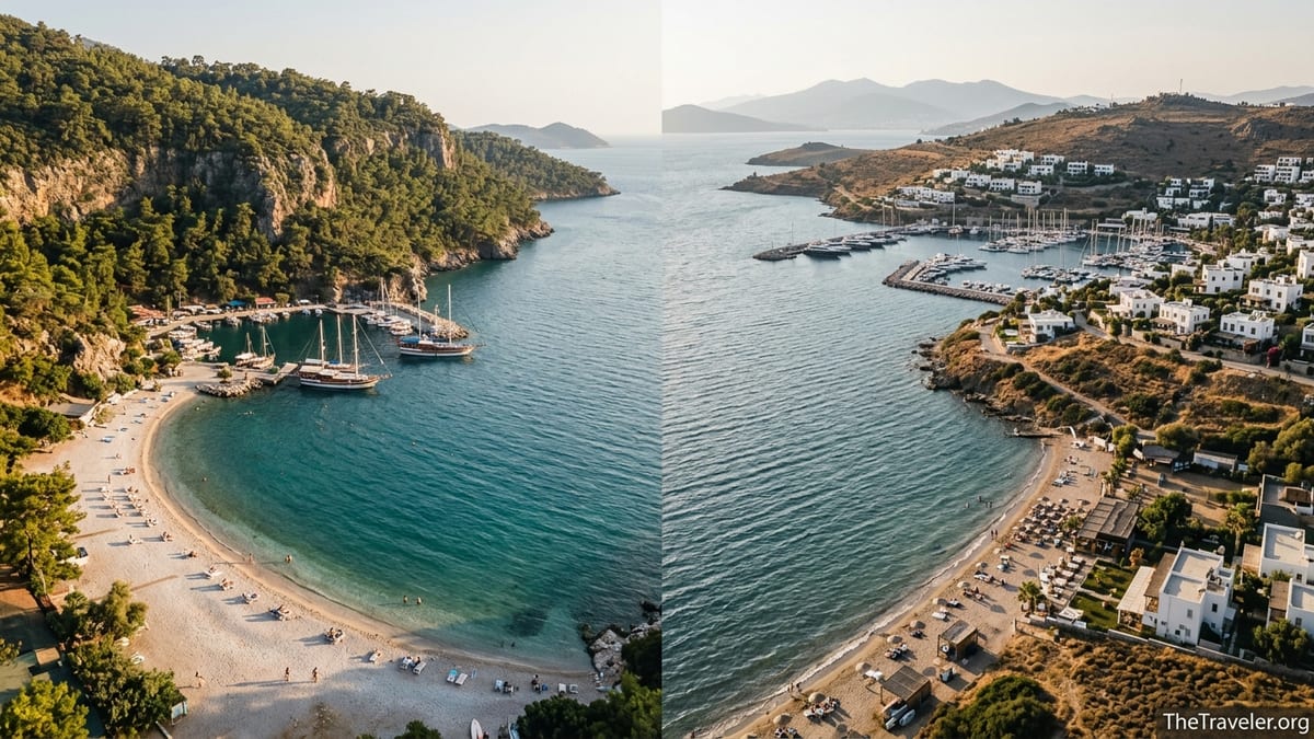 Aerial view contrasting Turkey’s steep turquoise Riviera coves with a broader Aegean bay and marina at sunset.